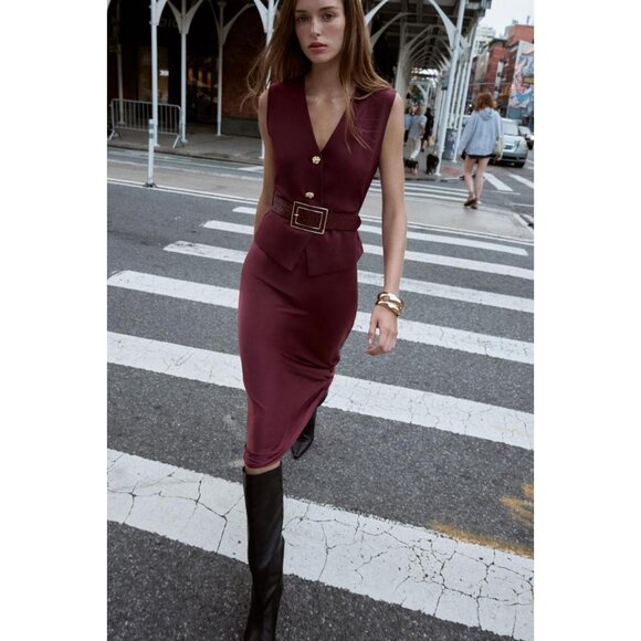 ZARA CONTRAST MIDI DRESS WITH WAISTCOAT AND BELT - Picture 2 of 8